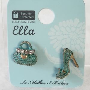 Ella Bag Shoe Asymmetrical Button Earrings – Gold-Tone Rhinestone Stud Set